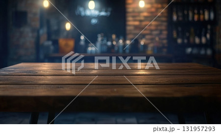 Rustic Wooden Table in Bar Setting. 131957293