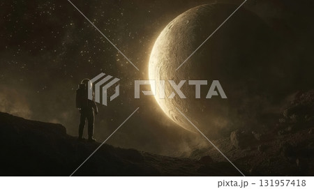Lone Astronaut Golden Planet. 131957418