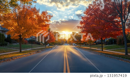 Autumn Sunset Street Scene. 131957419
