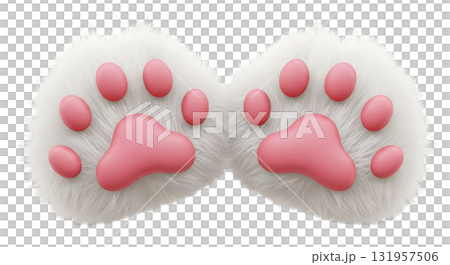 Adorable pair of fluffy white cat paws with pink pads, perfect for pet-themed designs or cute animal illustrations, great for a playful touch 131957506