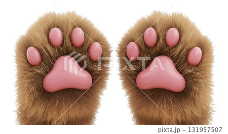 Adorable fluffy cat paws with pink toe beans, perfect for pet product ads or cute animal designs, bringing warmth and joy to your project 131957507