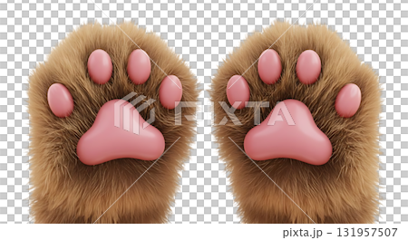 Adorable fluffy cat paws with pink toe beans, perfect for pet product ads or cute animal designs, bringing warmth and joy to your project 131957507