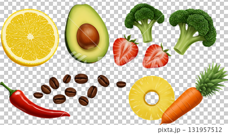 Fresh vibrant fruits and vegetables, a lemon, avocado, broccoli, strawberries, pineapple, carrot, chili, and coffee beans for a healthy lifestyle concept Fresh vibrant fruits and vegetables, a lemon, avocado, broccoli, strawberries, pineapple, carrot, chili, and coffee beans for a healthy lifestyle concept 131957512