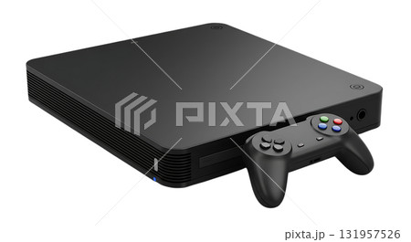 Sleek black game console with controller evokes a retro gaming experience, perfect for showcasing entertainment technology and modern design trends Sleek black game console with controller evokes a retro gaming experience, perfect for showcasing entertainment technology and modern design trends 131957526