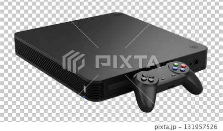 Sleek black game console with controller evokes a retro gaming experience, perfect for showcasing entertainment technology and modern design trends Sleek black game console with controller evokes a retro gaming experience, perfect for showcasing entertainment technology and modern design trends 131957526