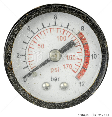 Worn pressure gauge isolated background 131957573