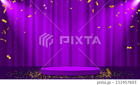 きらめく金の紙吹雪と紫色のベルベットのカーテンと舞台で勝利と喜びがあふれる発表会 131957603