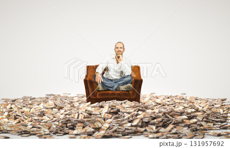 Confident man sitting in armchair surrounded by money 131957692