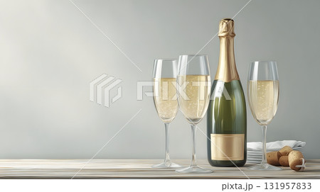 champagne bottle and glasses on table realistic style 131957833