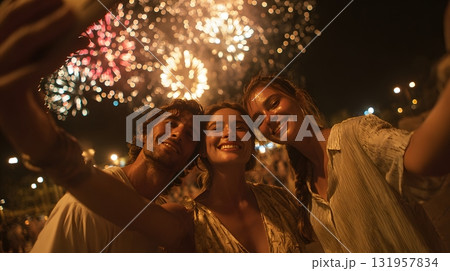 friends taking selfie with fireworks cinematic lighting 131957834