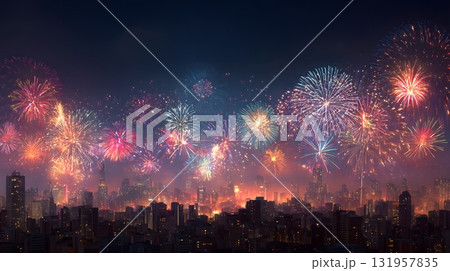 rooftop view with fireworks 3d illustration 131957835