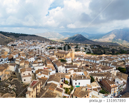 Aerial view of Velez-Blanco with church and mountains Aerial view of Velez-Blanco with church and mountains 131957893