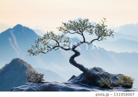 Elegant Bonsai Perched on Rocky Peak Amidst Serene Mountain Landscape Generative AI Elegant Bonsai Perched on Rocky Peak Amidst Serene Mountain Landscape Generative AI 131958007