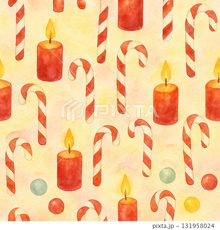 クリスマスオーナメントシリーズ：水彩風キャンドルとキャンディケインのパターン 131958024