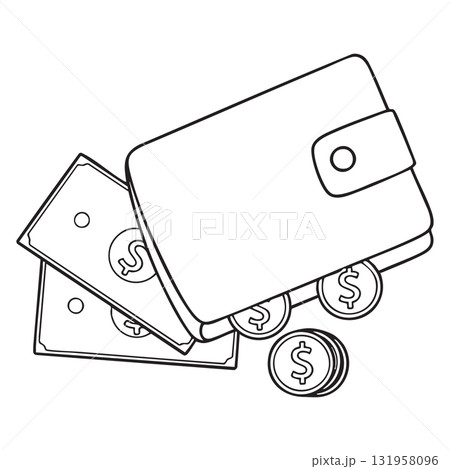 Outline Clip Art: Wallet with Cash and Dollar Coins Outline Clip Art: Wallet with Cash and Dollar Coins 131958096