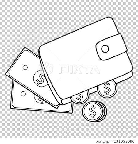 Outline Clip Art: Wallet with Cash and Dollar Coins Outline Clip Art: Wallet with Cash and Dollar Coins 131958096