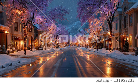 雪の街を照らす光の並木道 131958233