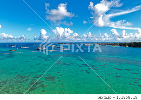 沖縄県大浦湾と遠景の辺野古埋め立て地を空撮した風景 沖縄県大浦湾と遠景の辺野古埋め立て地を空撮した風景 131958519