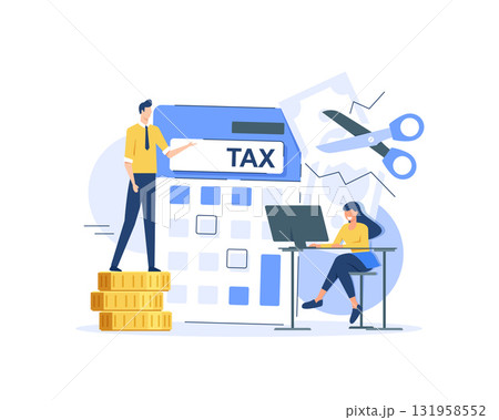 Tax Deduction,Concept Showing Businessman Cutting Tax Using A Scissors,Suitable for landing page, ui, web, app intro card 131958552