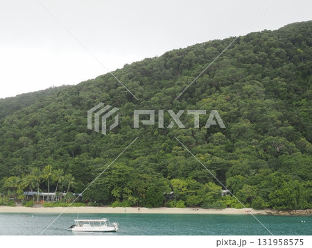 フィッツロイ島–緑の斜面と白い船が迎える静かな浜辺 フィッツロイ島–緑の斜面と白い船が迎える静かな浜辺 131958575