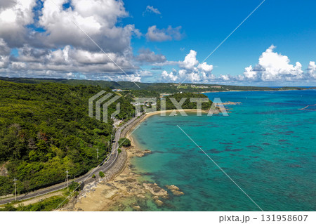 沖縄県名護市安部付近の大浦湾を空撮した美しい海の風景 沖縄県名護市安部付近の大浦湾を空撮した美しい海の風景 131958607