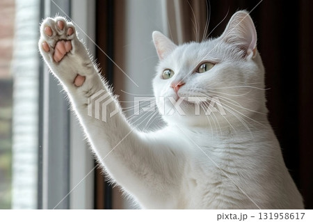 Cat Playfully Raising Paw as if Offering a Friendly Greeting Generative AI Cat Playfully Raising Paw as if Offering a Friendly Greeting Generative AI 131958617
