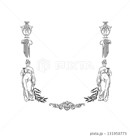 vintage antique vase ornaments frame swirls and scrolls decorations retro design vector frames and invitations, greeting cards, certificates borders,hand drawn ancient line frame. 131958773