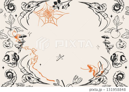 Hand drawn abstract vector graphic illustrations spooky set with stylized line halloween autumn design outline.Trendy modern doodle sketch halloween drawing concept.Scary line nature sketch frame Hand drawn abstract vector graphic illustrations spooky set with stylized line halloween autumn design outline.Trendy modern doodle sketch halloween drawing concept.Scary line nature sketch frame 131958848