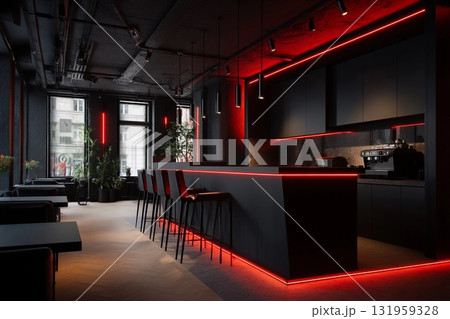 Modern Kitchen Design With Striking Black Facades and Vibrant Red LED Lighting Generative AI Modern Kitchen Design With Striking Black Facades and Vibrant Red LED Lighting Generative AI 131959328