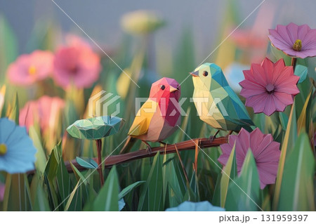 Spring Blossoms in a Vibrant Low Poly Garden With Colorful Birds Singing Generative AI 131959397