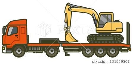 真横のトレーラーのイラスト（ショベルカーを積載した建設車両） 131959501