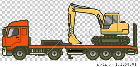 Illustration of a trailer from the side (construction vehicle carrying an excavator) 131959501