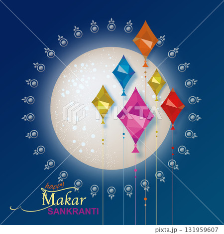 Happy Makar Sankranti Tradizional Indian Festival, group of colorful kites flying blue sky on moon. Banner design, Hindu harvest holiday, celebrated at the winter solstice, vector illustration 131959607