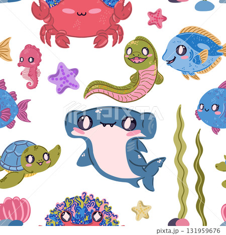 Seamless sea pattern. Cute kawaii flat illustrations of sea creatures and fish. Perfect for children's projects, wallpaper, and fabric prints. 131959676