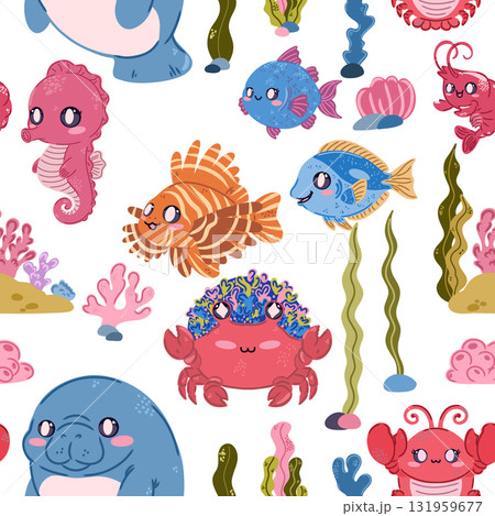 Seamless sea pattern. Cute kawaii flat illustrations of sea creatures and fish. Perfect for children's projects, wallpaper, and fabric prints. Seamless sea pattern. Cute kawaii flat illustrations of sea creatures and fish. Perfect for children's projects, wallpaper, and fabric prints. 131959677