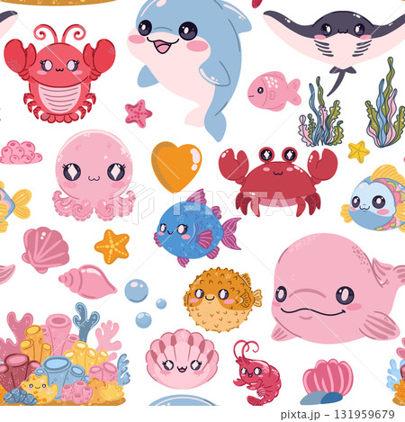 Seamless sea pattern. Cute kawaii flat illustrations of sea creatures and fish. Perfect for children's projects, wallpaper, and fabric prints. Seamless sea pattern. Cute kawaii flat illustrations of sea creatures and fish. Perfect for children's projects, wallpaper, and fabric prints. 131959679