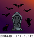 Pixel art spooky graveyard with bats, ghost, and black cat Halloween dark fantasy scene 131959716