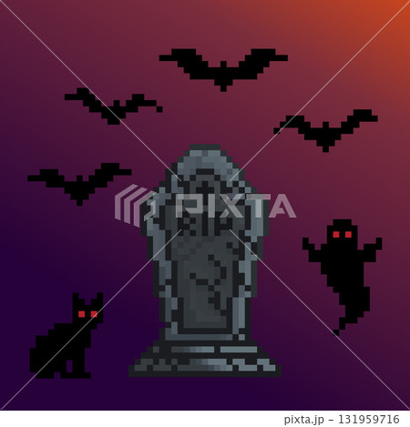 Pixel art spooky graveyard with bats, ghost, and black cat Halloween dark fantasy scene Pixel art spooky graveyard with bats, ghost, and black cat Halloween dark fantasy scene 131959716