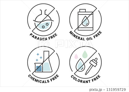パラベン・鉱物油・化学物質・着色料不使用を表すアイコンセット パラベン・鉱物油・化学物質・着色料不使用を表すアイコンセット 131959729