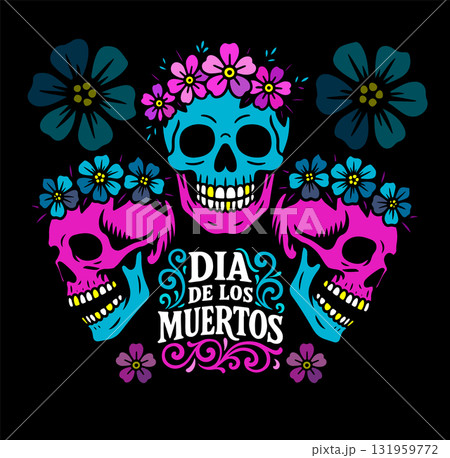 Mexican papel picado frame designs - ornate border cutouts with skull motifs, floral patterns and decorative edges in blue and pink colors. Traditional fiesta banners for Dia de los Muertos. 131959772