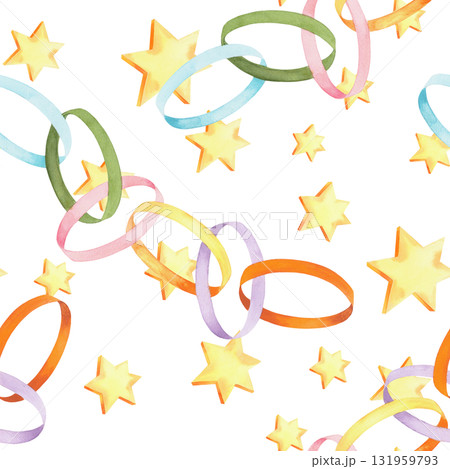 Seamless pattern of paper garland and stars. Watercolor illustration. For fabric, wallpaper, packing paper, greeting cards, design, decoration and illustration. 131959793