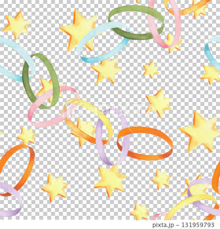Seamless pattern of paper garland and stars. Watercolor illustration. For fabric, wallpaper, packing paper, greeting cards, design, decoration and illustration. 131959793