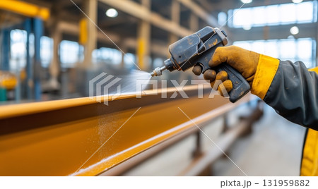 Industrial worker spray painting metal beam in factory setting 131959882