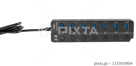 USB 3.0 7-Port Hub with Power Buttons on White Background 131959904