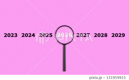 Lens, magnifying glass focusing on the year 2026 on a Pink background. Financial or stock market strategies and past and future events. Lens, magnifying glass focusing on the year 2026 on a Pink background. Financial or stock market strategies and past and future events. 131959915