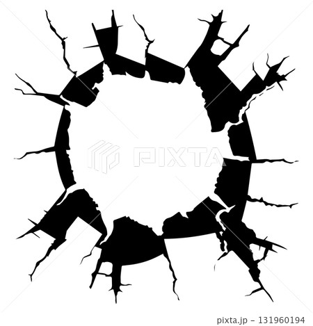 Black circular shattered hole with jagged edges, cracked wall texture, isolated on white background for creative design projects Black circular shattered hole with jagged edges, cracked wall texture, isolated on white background for creative design projects 131960194