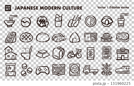 Hand-drawn icon illustration set of modern Japanese culture. EPS version can be edited to change line thickness, etc. 131960225