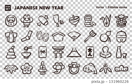日本新年手繪圖示插畫集。 EPS版本可編輯以變更線條粗細等。 131960226