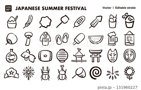 日本の夏祭りの手描きアイコンイラストセット　EPS版は線の太さ等編集可能 131960227