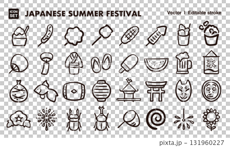 手繪日本夏季節慶圖示插圖集。 EPS 版本可編輯以變更線條粗細等。 131960227